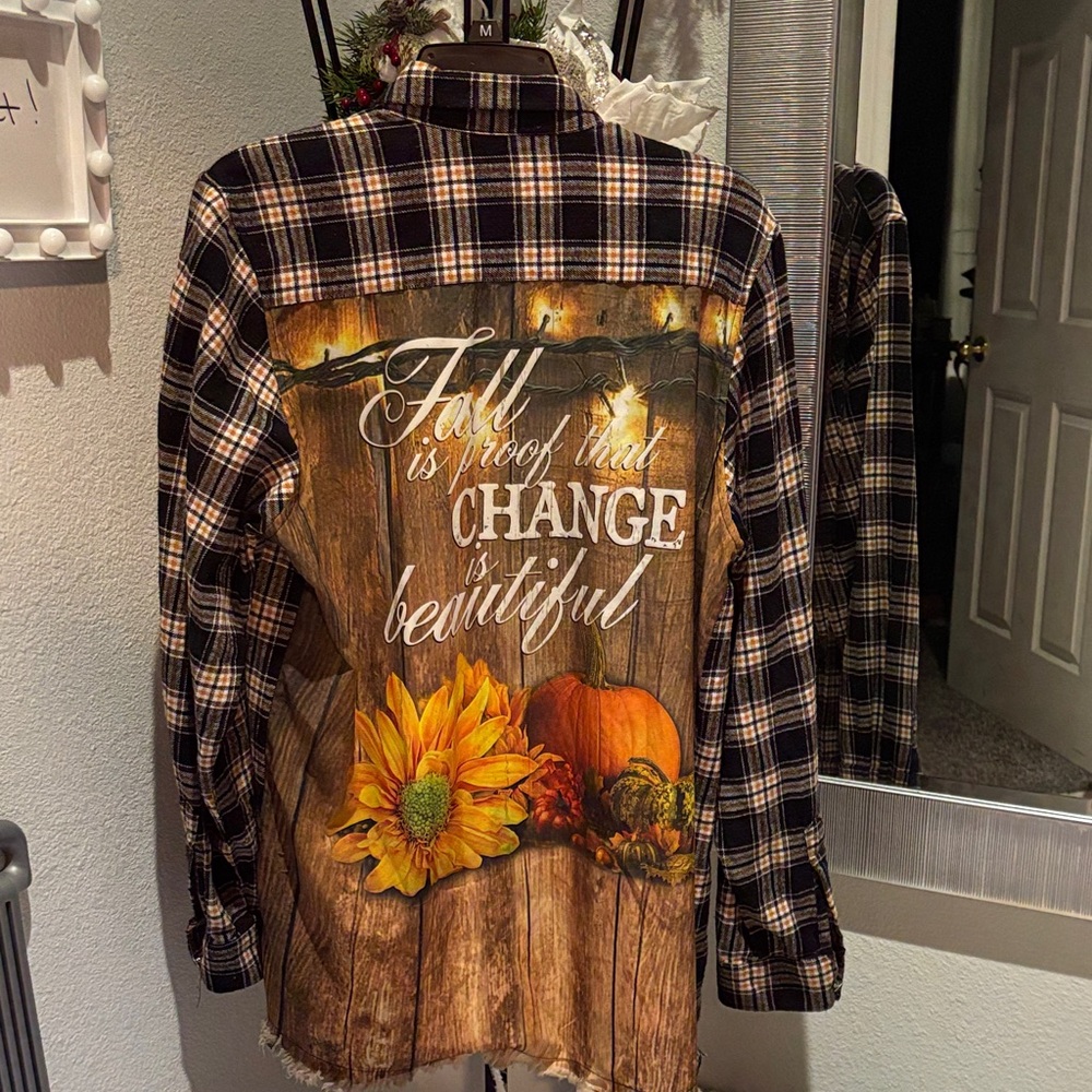 Plaid Button Down Shirt with Fall Graphic - Black and Brown